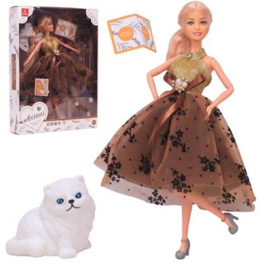 Imagem de Boneca Loira Coleção Desfile De Moda Fashion Vestido Marrom - Castela