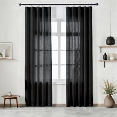 Imagem de Ftinala Cortina preta semitransparente, 2 painéis, 2 painéis, cortinas texturizadas temperamentais para sala de estar do chão ao teto, tratamentos de janela de porta de vidro deslizante, prega DIY com