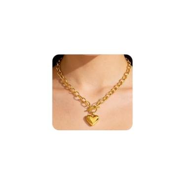 Imagem de ZZ ZINFANDEL Colar com pingente de coração grosso dourado para mulheres, simples, ajustável, em forma de amor, gargantilha com fecho articulado, moderno, coração inchado, acessórios para dia dos