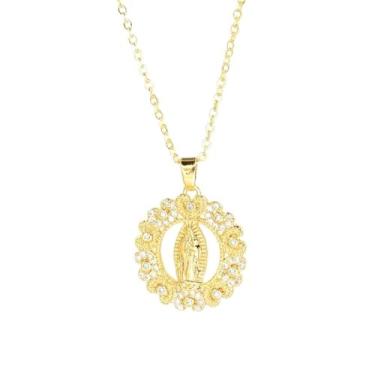 Imagem de Colar com pingente de ouro da Virgem Maria com halo de strass, joia católica religiosa, corrente incluída