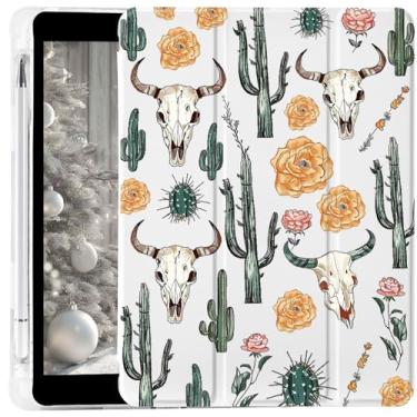 Imagem de CozyNestCY Linda capa de caveira de touro ocidental para iPad 7ª/8ª/9ª geração, elegante, capa de cacto, hibernar/despertar, capa de silicone retrô estética de 10,2 polegadas e porta-lápis 2019/2020