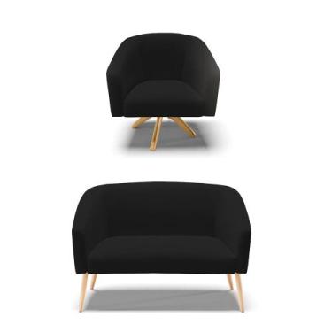 Imagem de Kit 01 Namoradeira Stella Pés Palito Natural e 01 Poltrona Giratória S