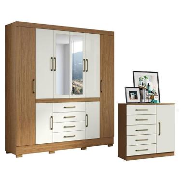 Imagem de Cômoda e Guarda Roupa Casal Milão Nápole 8 Portas Giratórias 4 Gavetas MDP Moderno Atac...