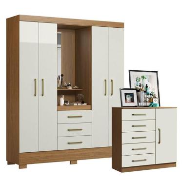 Imagem de Cômoda e Guarda Roupa Solteiro Milão Paris 8 Gavetas MDF Puxador Plástico Off White Ata...