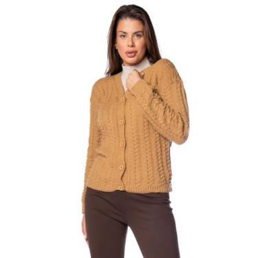 Imagem de Casaco Feminino Oliveira Malhas em Tricot Trançado Caramelo, Caramelo,