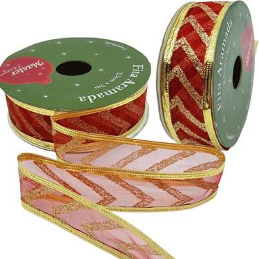 Imagem de Rolos Fitas Aramada Enfeite Natal Gliter Kit 4pçs 2,5cm 3m - Genérico