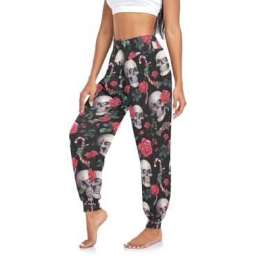 Imagem de CHIFIGNO Calça de moletom feminina de cintura alta para ioga harém calça jogger calças largas calças atléticas, Crânios engraçados e rosas de bengala doce, XXG