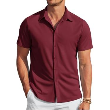 Imagem de COOFANDY Camisa social masculina casual sem rugas manga curta abotoada verão stretch, Vinho tinto, G