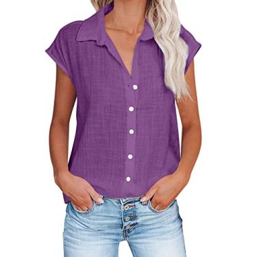 Imagem de Camisetas femininas de linho com gola de tartaruga para inverno outono manga curta caimento solto cardigã longo camisetas femininas 2024, K-288 Roxo, 3G