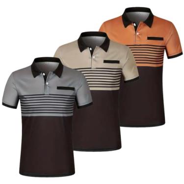 Imagem de 3 pçs/conjunto camisa polo masculina color block listrado manga curta lapela golfe camisa com bolso no peito, camiseta casual gola V, Cinza + cáqui + caramelo, XXG