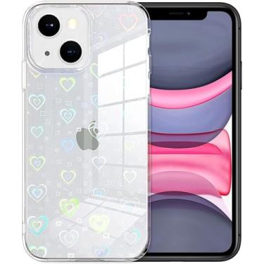 Imagem de Jusy Capa compatível com iPhone 15 Pro Max, capa de telefone kawaii transparente iridescente de coração de amor holográfico, para mulheres capa de iPhone fofa de arco-íris com brilho a laser, capa refletiva holográfica