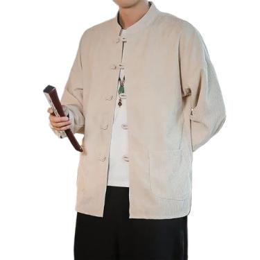 Imagem de Camisetas masculinas de veludo cotelê primavera outono estilo chinês vintage manga longa casaco preto blusa casual, Bege, M