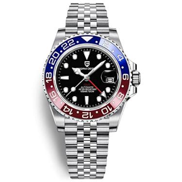 Imagem de Pagani Design PD-1662 GMT Relógio masculino de 40 mm, movimento mecânico automático, data analógica, vidro de safira sintético luminoso, aço inoxidável, 100 m, resistente à água, 5 Azul e vermelho, Lazer, moda, viagens. Piloto, mergulho, mergulhador, esportes, negócios, presente de dia dos namorados