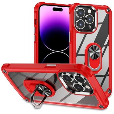 Imagem de AUPAI Capa para iPhone 15 Pro com protetor de tela, capa protetora de acrílico resistente antiamarelo cristalino com suporte magnético de 6,1 polegadas, vermelho