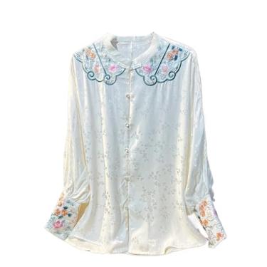 Imagem de Blusa feminina bordada estilo chinês de verão solta manga longa à prova de sol, Branco, M