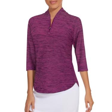 Imagem de Camisa feminina de golfe Cucuchy de secagem rápida, manga 3/4, zíper e um quarto, camisetas de tênis P-XGG, A, roxo, vermelho, G