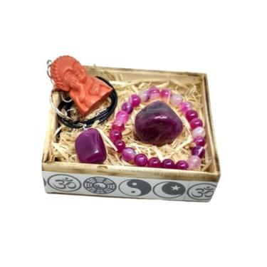 Imagem de Kit Pedra Natural Ágata Rosa Riqueza E Amor + Chaveiro Buda em Resina