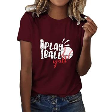 Imagem de Camiseta feminina de verão com estampa de beisebol, gola redonda, folgada, manga curta, blusa casual de beisebol, Vinho A, M