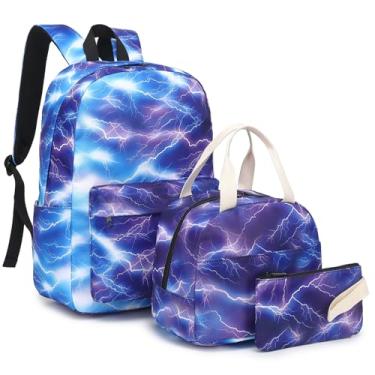 Imagem de Mimfutu Mochila escolar para meninas adolescentes, conjunto de mochila infantil 3 em 1, mochilas escolares com lancheira, estojo de lápis, Relâmpago, Large