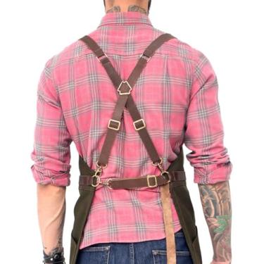 Imagem de Under NY Sky Alças Cruzadas de Couro Legítimo para Avental - Conjunto Ombro e Cintura - Gancho de Metal, Rebitada - Restaurante, Chef, Barbeiro, Barman, Barista, Cabelereiro, Salão - Couro Marrom