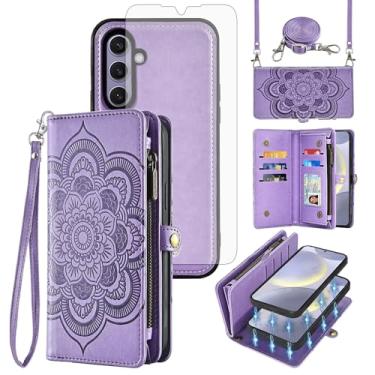 Imagem de Asuwish Capa de celular para Samsung Galaxy S24 Plus S24+ 5G Carteira com zíper destacável com protetor de tela de vidro temperado, compartimento para cartão de flores S24plus 24S + S 24 24+ mulheres