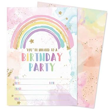 Imagem de AnyDesign Convites de festa de aniversário arco-íris com envelopes adesivos aquarela cartões de convite de papel de aniversário para festa infantil suprimentos de celebração, conjunto de 20
