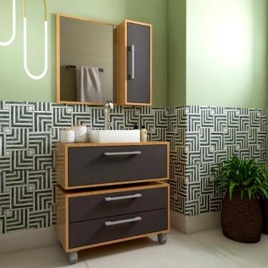 Imagem de Conjunto de Gabinete Suspenso com Cuba Branca, Gabinete de Chão e Armário de Banheiro com Espelho Alice 2 PT 2 GV Mel e Grafite