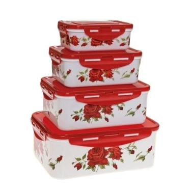 Imagem de Kit 4 Potes Retangulares Vermelho Floral Tampa com Travas - JW SHOP
