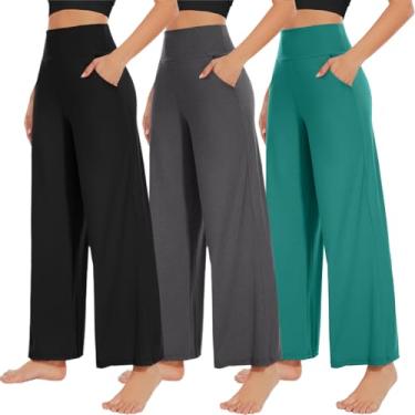 Imagem de NEW YOUNG Pacote com 3 calças femininas de pernas largas com bolsos, cintura alta, calças de moletom soltas, casual, lounge, yoga, treino, palazzo