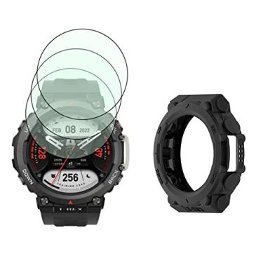 Imagem de SHUAXI Protetor de tela de relógio (3 + 1 pacote) compatível com Amazfit T-Rex 2, filme de vidro temperado anti-arranhões de alta definição cobertura total e capa protetora de TPU macio, preto