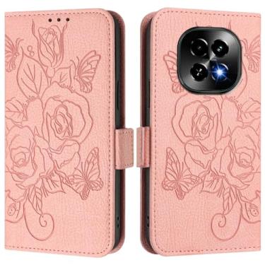 Imagem de Capa carteira rosa e borboleta em relevo para Realme C63 5G, [bloqueio RFID] [suporta carregamento sem fio] 3 compartimentos para cartão e 1 compartimento para dinheiro, capa flip com fivela magnética