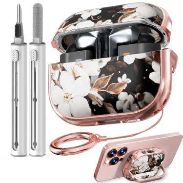 Imagem de Inesore Capa com trava de segurança para Samsung Galaxy Bud Pro 3/Galaxy Buds 3 com kit de limpeza e chaveiro, linda capa floral Buds Pro 3 para mulheres - flor dourada preta