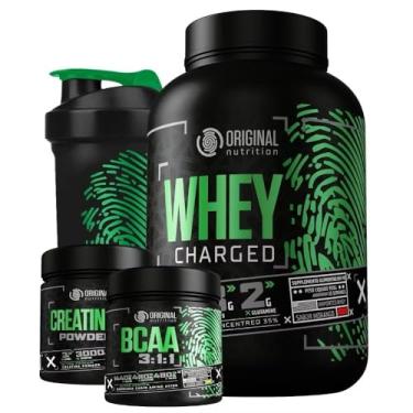 Imagem de Original Nutrition Kit Suplementos, Whey Charged 2kg + BCAA 3:1:1 + Creatina em Pó + Coqueteleira, Sabor Morango