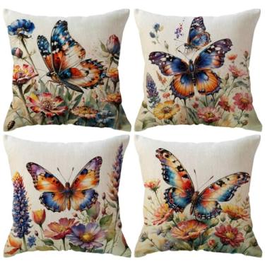Imagem de ULOVE LOVE YOURSELF Capas de almofada com estampa de borboleta, estilo vintage, casa de fazenda, decorativa, aquarela, flores, fronha, 4 unidades, para sofá, varanda, pátio (laranja/azul)