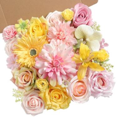 Imagem de rongflower Conjunto de flores artificiais rosa amarelas, caixa de folhas de flores falsas com haste para buquê de noiva de casamento, centros de mesa, decoração de casa, decoração de arranjo floral