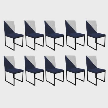 Imagem de Kit 10 Cadeira Office Stan Duo Sala de Jantar Industrial Ferro Preto Corino Azul Marinho e Branco - Ahz Móveis