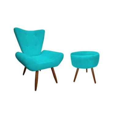 Imagem de Kit Poltrona Decorativa Emilia + Puff Redondo Suede Azul Turquesa Pés 