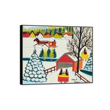 Imagem de MUHJDYC Impressão de pinturas famosas de moldura preta em tela - primitivismo tela para parede - reprodução de pôster de belas artes de paisagem (ponte coberta no inverno 3) 30x35cm-12x14in