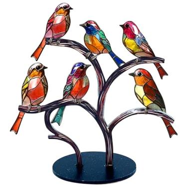 Imagem de Pássaros de vitral no ramo, decoração de vitrais, 6 pássaros em um galho, estátua de pássaros coloridos em acrílico, ornamentos de mesa, decoração de arte moderna para sala de estar em casa