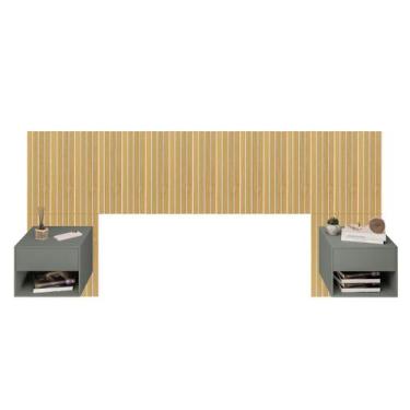 Imagem de Cabeceira Ripado MDF Adesiva com 2 Mesas de Cabeceira Suspensa Sofia 1