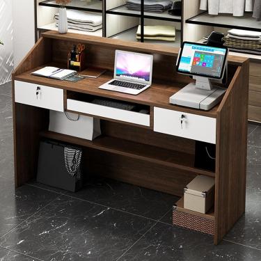 Imagem de Balcão da recepção balcão de recepção da recepção com gaveta de trava e prateleiras abertas balcão de varejo para lojas de lojas de salão de salão de lobby, nogueira, 120cm