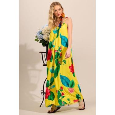 Imagem de Vestido Longo Com Alças De Amarração Amarelo Estampado Yacamim C10, P,