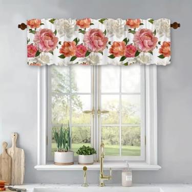 Imagem de Saia de flor de peônia com bolso para varão rosa branco laranja cortinas curtas retrô e elegante feminino quarto banheiro cozinha sala de estar janela decoração poliéster 54x18 polegadas