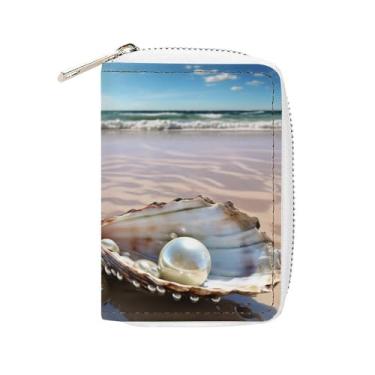 Imagem de NTVOWPZO Carteira masculina com suporte de cartão de crédito macio para cartão de visita, oceano, praia, mexilhão, pérola, estojo para cartão com zíper