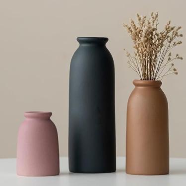 Imagem de Conjunto de 3 vasos de cerâmica, pequenos vasos de flores para decoração, estilo boêmio moderno, vasos decorativos para grama dos pampas e flores secas, acabamento envelhecido (café claro)