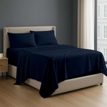 Imagem de Jogo de cama premium de 4 peças, algodão King, 100% algodão egípcio, 400 fios, bolso profundo de lençóis de algodão de 30 cm, azul marinho liso