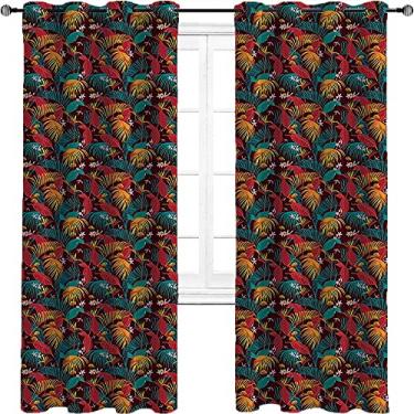 Imagem de Cortinas blecaute tropicais para quarto - Cortinas escurecidas com isolamento térmico com ilhós para sala de estar, três camadas trançadas anel de redução de ruído cortina de sombra superior, L 213 x