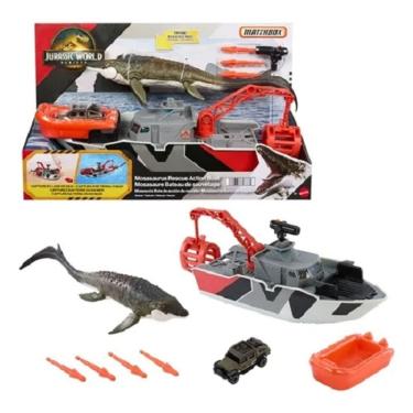 Imagem de Jurassic world Rebirth Matchbox -  Barco Resgate C/ Guincho e Dispara dardos 33 Cm ( vai na agua) - Mosasaurus 34 Cm Bot
