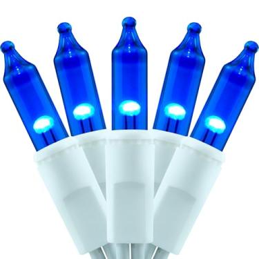 Imagem de 200 luzes azuis de Natal, pacote com 2 fios de 6,35 m, 100 unidades de lâmpadas incandescentes com certificação UL (azul - fio branco)