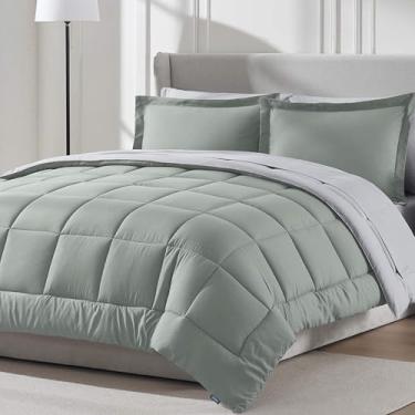 Imagem de Nestl Conjunto de edredom completo de 9 peças – Cama reversível verde sálvia em uma bolsa – Conjunto completo de cama de casal com lençóis, travesseiros alternativos, fronhas e fronhas